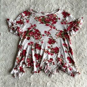 Floral Shirt Tee Top Girls Large White Pink Flower Rose Ruffle Romantic Cottage